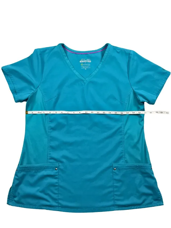 Healing Hands Purple Label Yoga Scrub Top Teal Blue XL V-Neck Stretch - Image 2