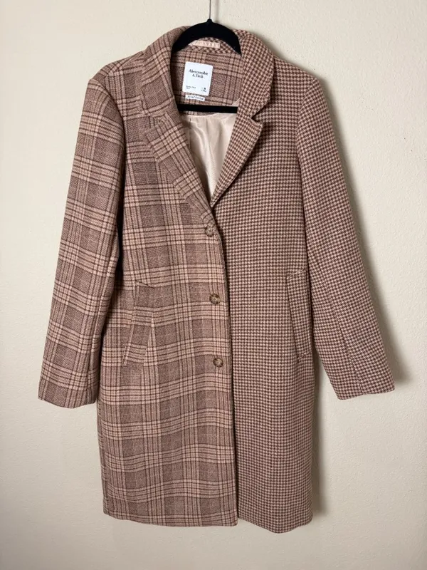 Abercrombie & Fitch The A&F Dad Coat Mixed Plaid Jacket Camel Tan Size Medium - Image 4