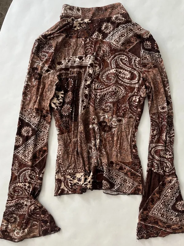 Vintage VTG Sinequanone Paris French Paisley Brown 90s Whimsy Retro Blouse Top S - Image 2