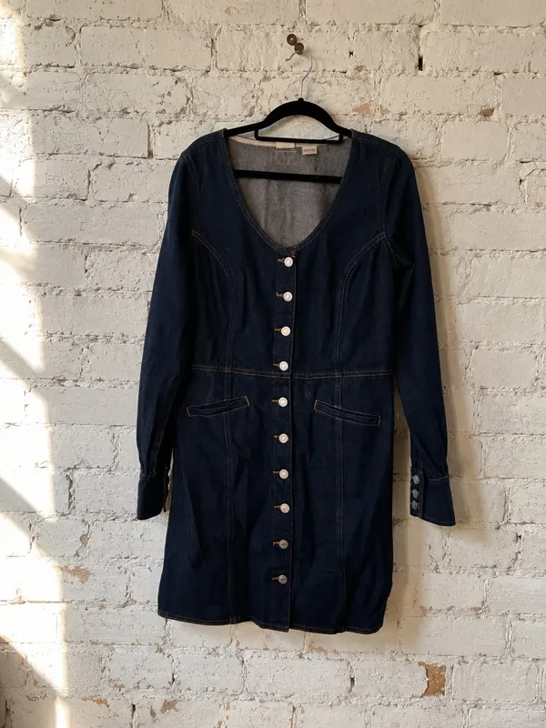 Levi's Monroe Denim Button Front V-Neck Short Sleeve Mini Dress Sz-large - Image 2