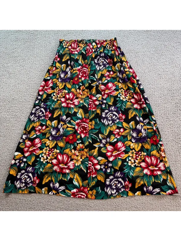 Vintage 90s SG Harper Floral Midi Skirt Womens M Black Rayon Cottagecore Grunge - Image 2