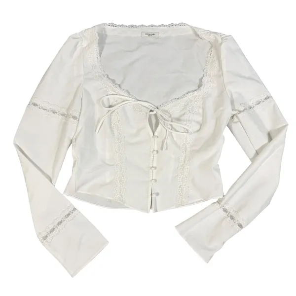 Mistress Rocks Lace Trim Tie Front Top Womens Medium White Bell Sleeve Corset - Image 10