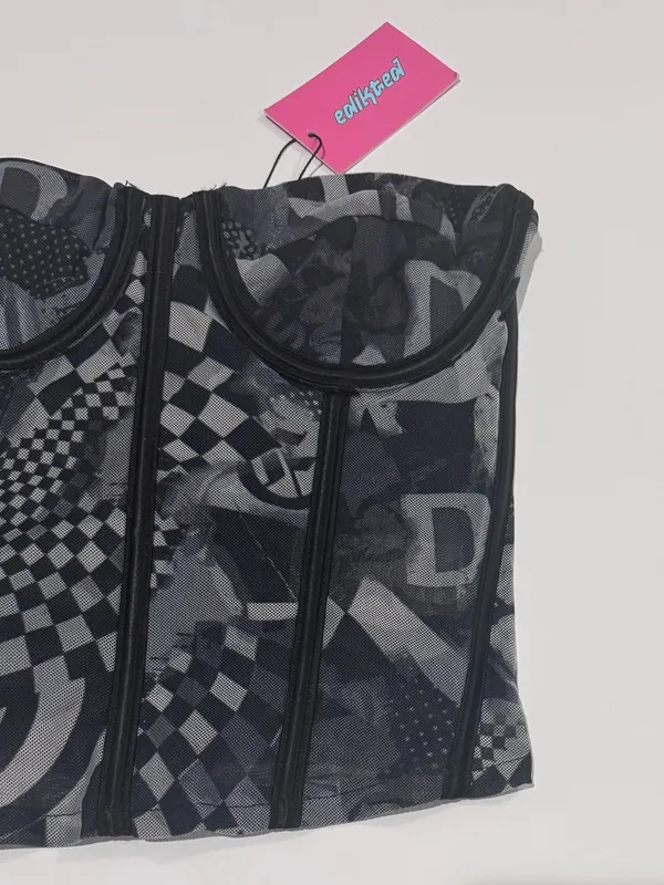 Y2K Mall Goth Checkerboard Mesh Corset Top Edikted NWT XS - Image 5