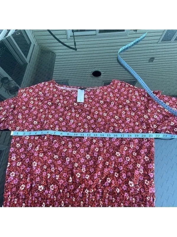 Ann TAYLOR FLORAL BELL SLEEVE SMOCKED WAIST TOP IN RIPE PERSIMMON SZ L - Image 11