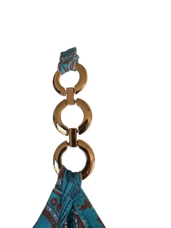 Women's blue and brown summer dress with pockets decorative gold rings size L - Image 6