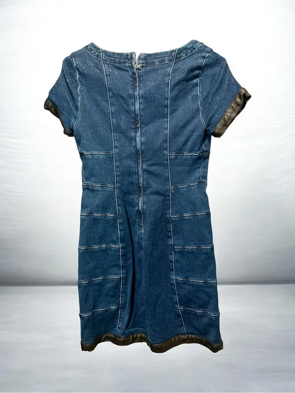 7 For All Mankind Denim Mini Dress Leather Trim Rhinestone Embellished Size XS - Image 2