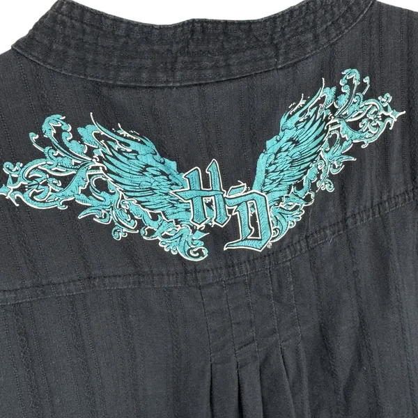 Harley Davidson 100% Cotton Black Blue Embroidered Short‎ Sleeve Button Up Top L - Image 5