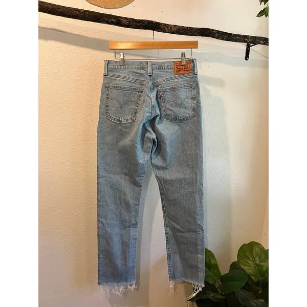 501s Levi's Light Wash Raw Hem High Rise Straight Leg Jeans Size 28 Inseam 32 - Image 13