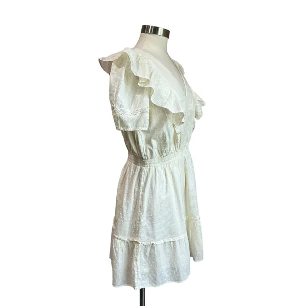 Lauren Conrad‎ Cream Ruffle Mini Dress Cottagecore Romantic V Neck Sz M - Image 3