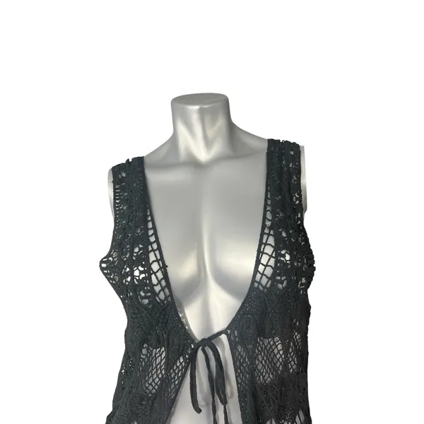 Black Crochet Fringe Vest Boho Chic Fairycore Knit Festival Tassels Badass Small - Image 7