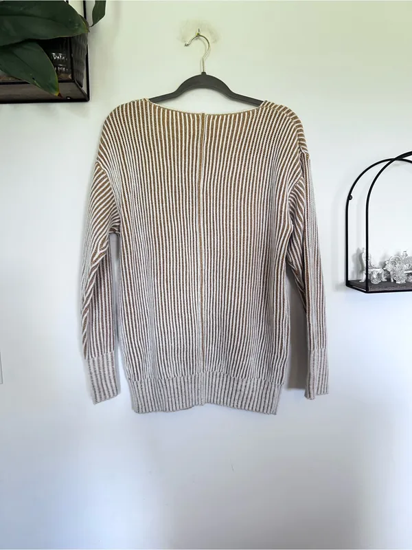 Bohme Brown & Cream Striped Knit V Neck Long Sleeve Sweater Size Large - Image 2