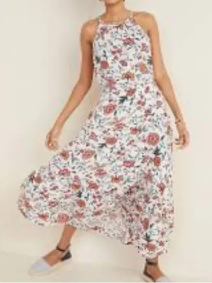 NEW Old Navy Small White Floral Halter Waist Defined Braided Strap Maxi Sundress - Image 4