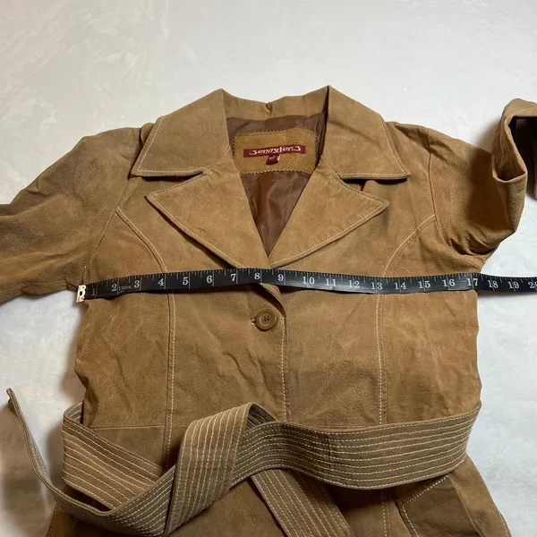 Vintage Jennyfer J 100% Leather Suede Trench Coat Size S Hippie Y2K 70s 80s Boho - Image 8