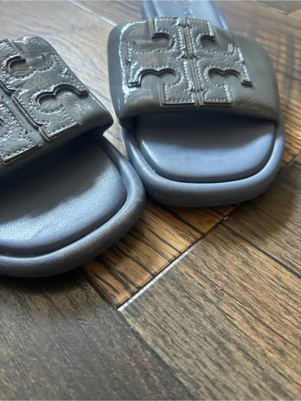Tory Burch Ash Blue Patent Leather Double T Sport Slides Sandals Women’s Size 6M - Image 3