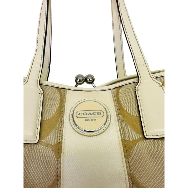 Coach‎ Beige Signature Canvas and Patent Leather Kisslock Framed Carryall Tote - Image 2