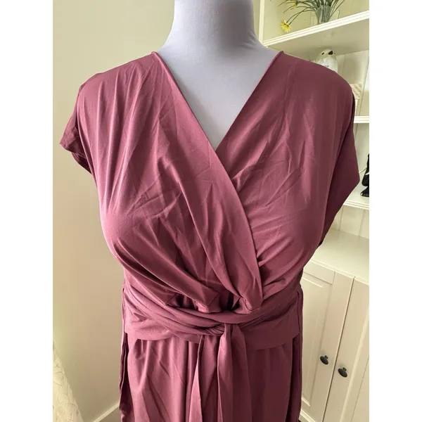 Halara Breezeful™ Midi Dress 2X Plus Amaranth Plum V Neck Short Sleeve Pockets - Image 2