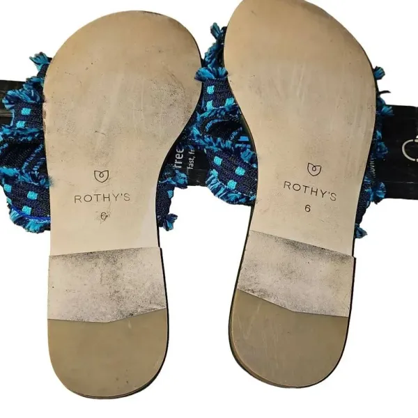 Rothy's Womens Blue Fringe Triple Fabric Strap Slide On Flat Sandals‎ 6 - Image 6