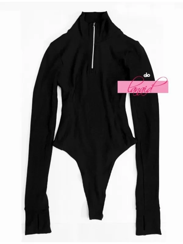 Alo Rise Up Long Sleeve Bodysuit Black Mock Neck Zip-Up Turtleneck Stretchy Rib - Image 7