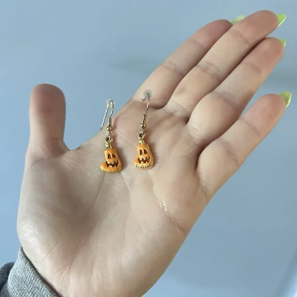 Halloween Earrings Enamel Pumpkin Jack O Lantern‎ Orange Handmade Gold Plated - Image 3