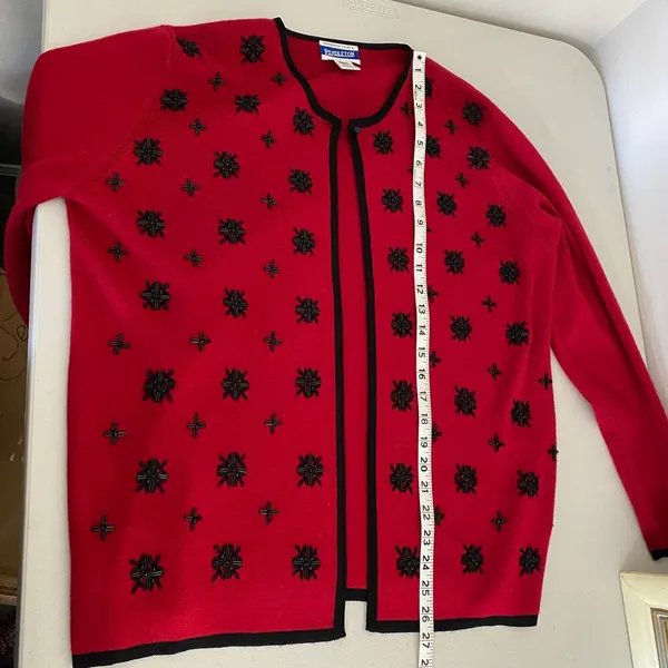 Vintage Pendleton Red Black Beaded Wool Blend Cardigan Holiday Sweater Small - Image 6