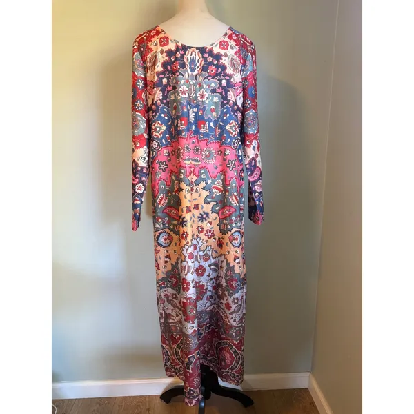 Boho Maxi Dress Long Sleeve Tapestry Floral L whimsi dainty colorful retro beach - Image 5