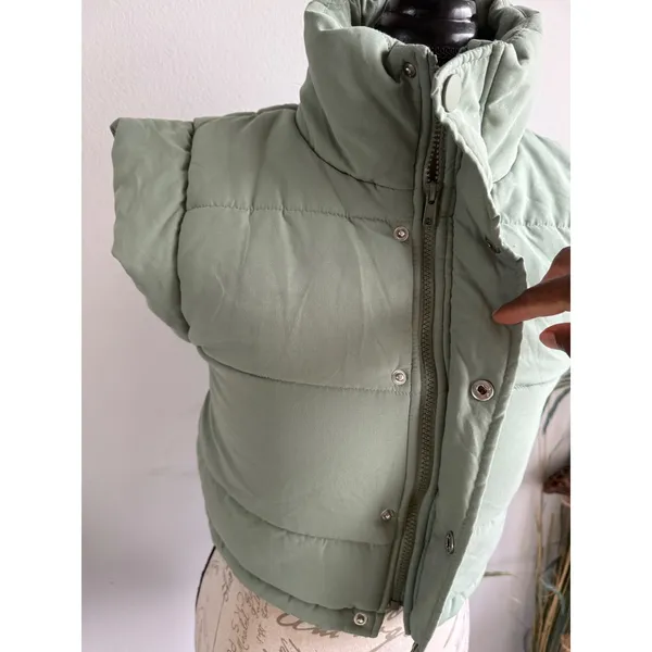 For Love‎ & Lemons Sage Green Cropped Puffer Vest XS Funnel Neck Quilted Padded - Image 3