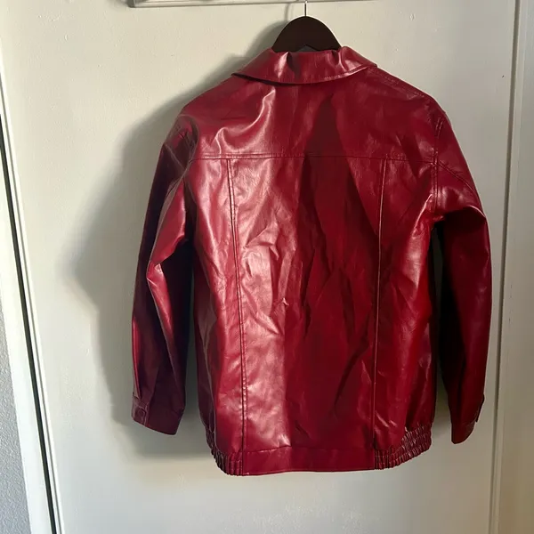 Classic Red Vegan Leather Front Zip Oversized Bomber Style Jacket - Image 6