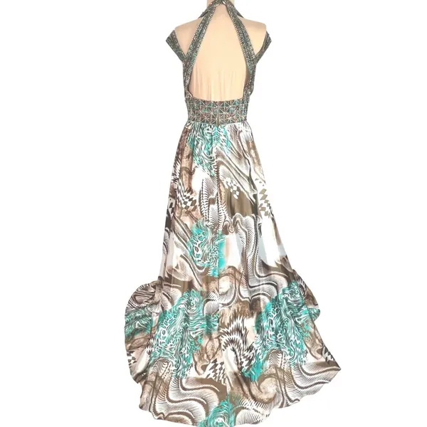 Animal Print Maxi Dress S Beaded Halter Brown Teal Flowy Mobwife Charmeuse - Image 6