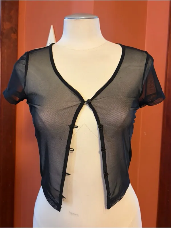 5/$25‼️Heart Hips Black Sheer Short-Sleeve Cropped Mesh Button Top - Image 2