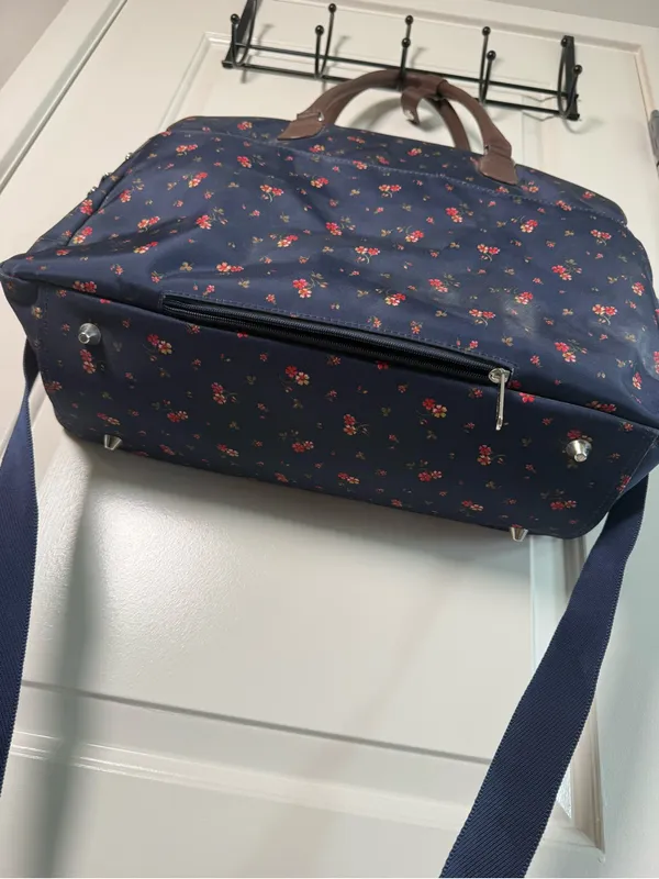 Navy Floral Travel Weekender Bag with Brown Trim - Image 10