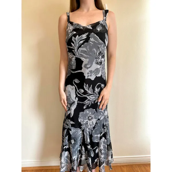 Gray and Black Sequin Beaded Vintage Maxi Dress Silver Size M - Image 7