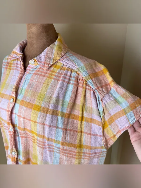 American Eagle Linen Blend Button Down Shirt Womens Small Orange Pink Plaid Boxy - Image 2