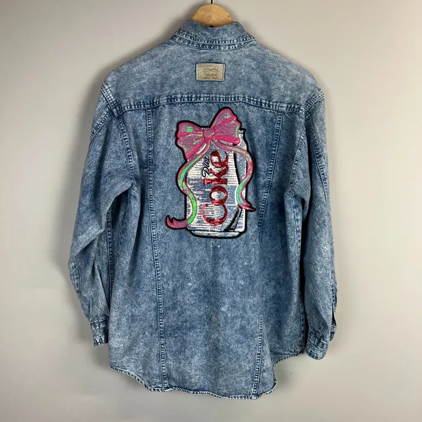 Vintage 80s Levis Sportswear Acid Wash‎ Denim Button Up Shirt Small Sequin Bow S - Image 8