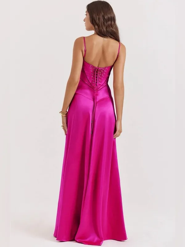 HOUSE OF CB 'Anabella' Fuchsia Lace Up Maxi Dress Pink - Image 4