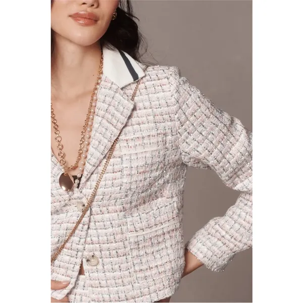 Anthropologie Maeve Pink & White Boucle Tweed Cropped Blazer - Image 2