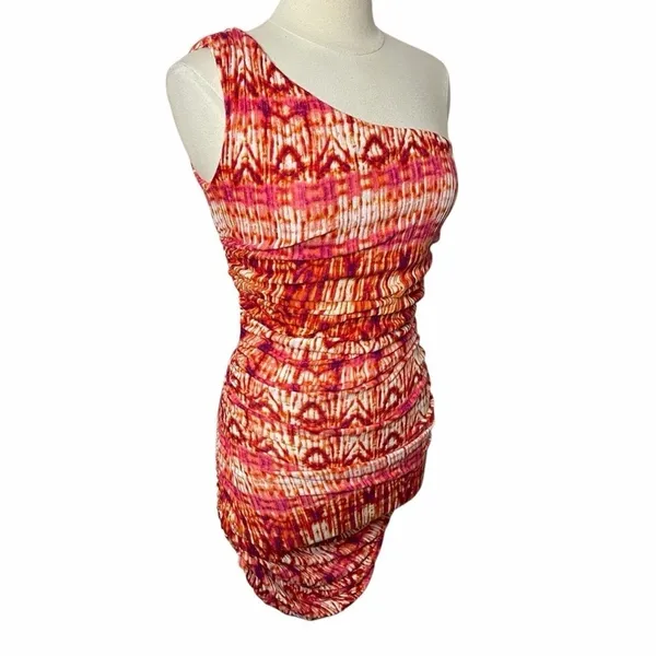 MISCREANTS One-Shoulder Ruched‎ Mini Bodycon Dress Orange Tie-Dye UK 8 / US 4 - Image 5
