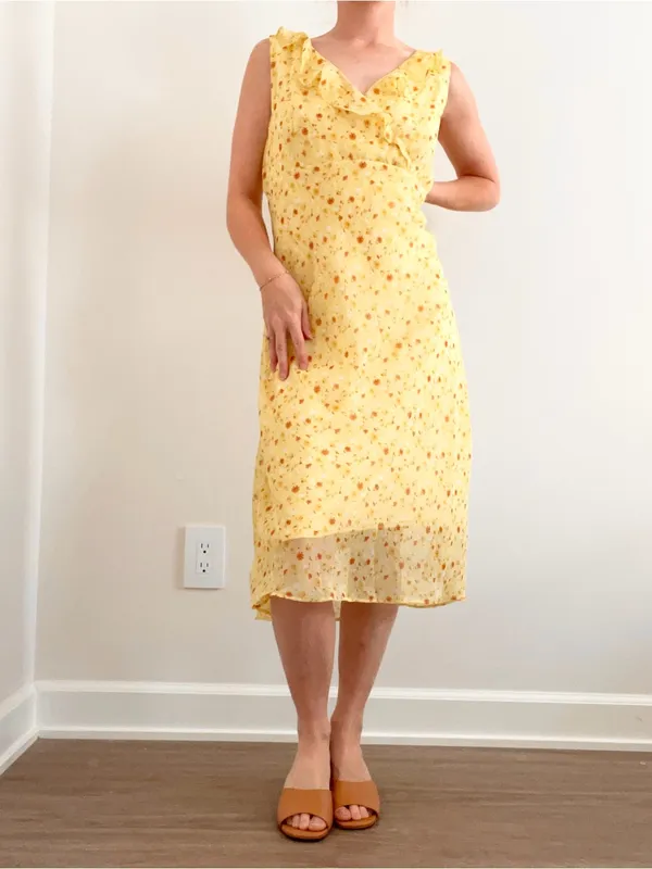 Vintage Yellow Floral Ruffle V-Neck Midi Dress - Image 2