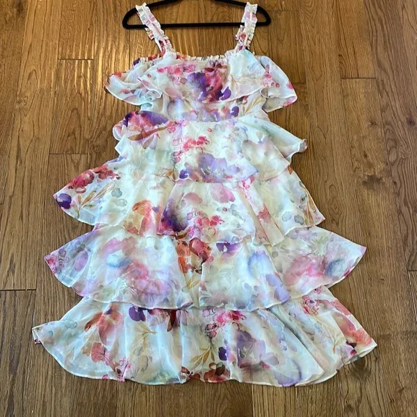 Storia ruffled tiered chiffon floral dress size m - Image 8