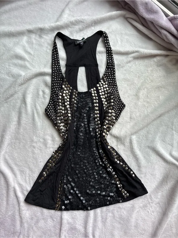 BeBe Black Studded Sequin embellished Racerback Tank Top with Sequin Panel - Image 2