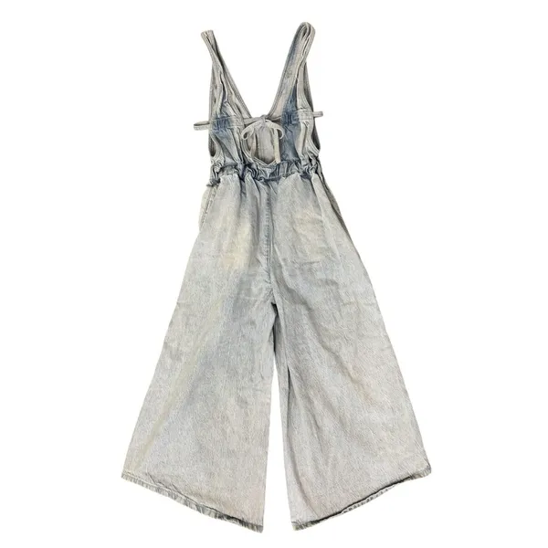FREE PEOPLE Alora Denim Wide Leg Culotte Tieback Jumpsuit Light Wash Size XS - Image 7