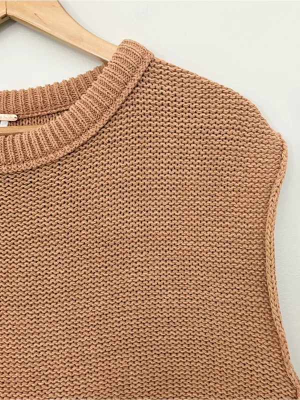Free People Knit Sweater Vest XS Brown Cotton Cropped Chunky Knit Boho - Image 3