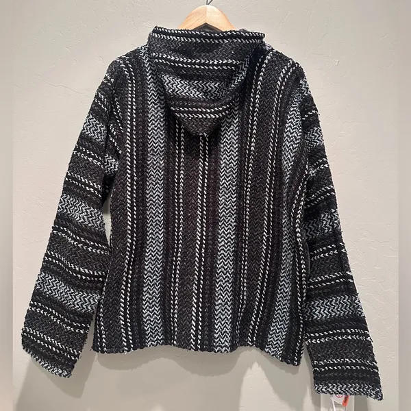 Baja Joe Black Gray Mexican Rug Pullover Hooded Sweater Size Small‎ - Image 2