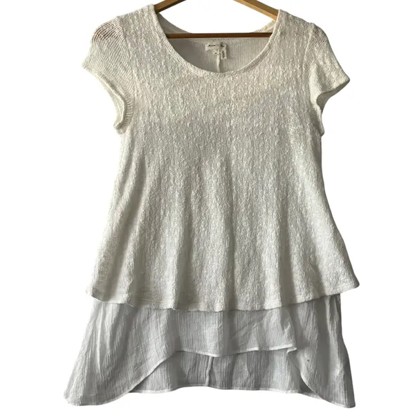 Meadow Rue Anthropologie‎ White Layered Knit Tunic Top XS Short Sleeve Flowy - Image 2