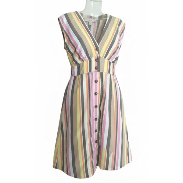 LOFT Multicolor Vertical Striped Button Front V-Neck Summer Dress 4 Petite - Image 8