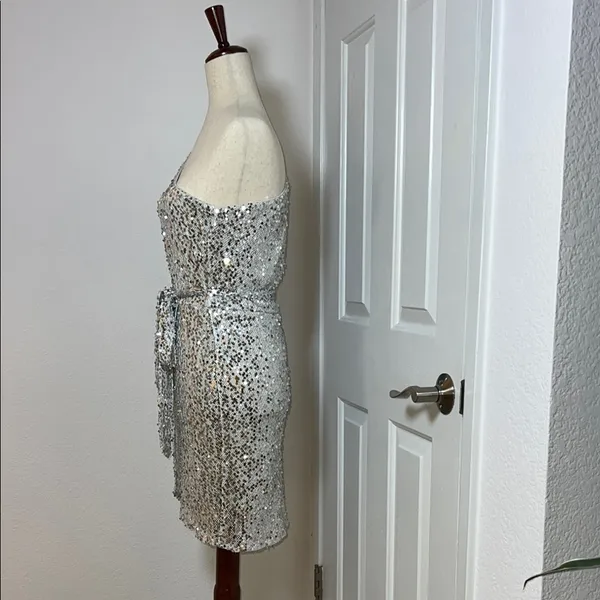 Bebe Silver Asymmetrical Sequin Bodycon‎ Dress - Image 3