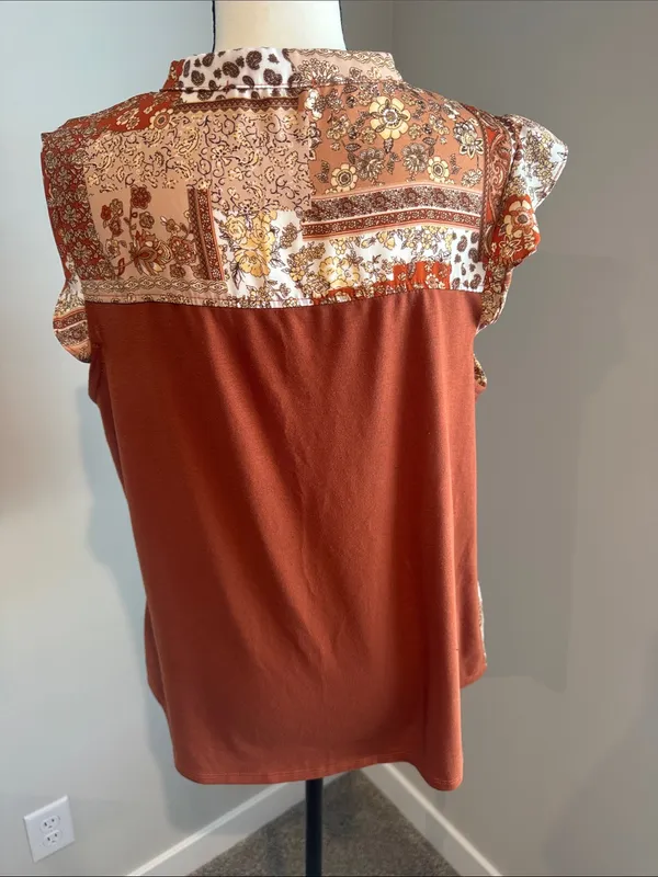Patchwork Rust Floral Cap Sleeve Blouse Orange Size L - Image 4