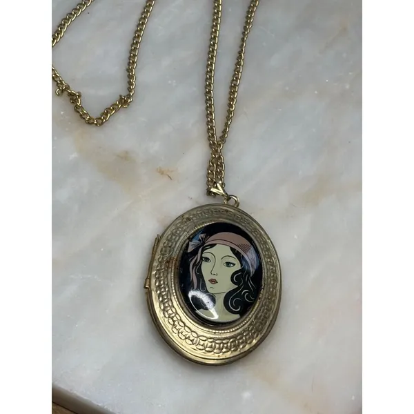 Vintage Art Deco Gold-Tone Oval Locket Necklace With Painted Lady Portrait - Image 14