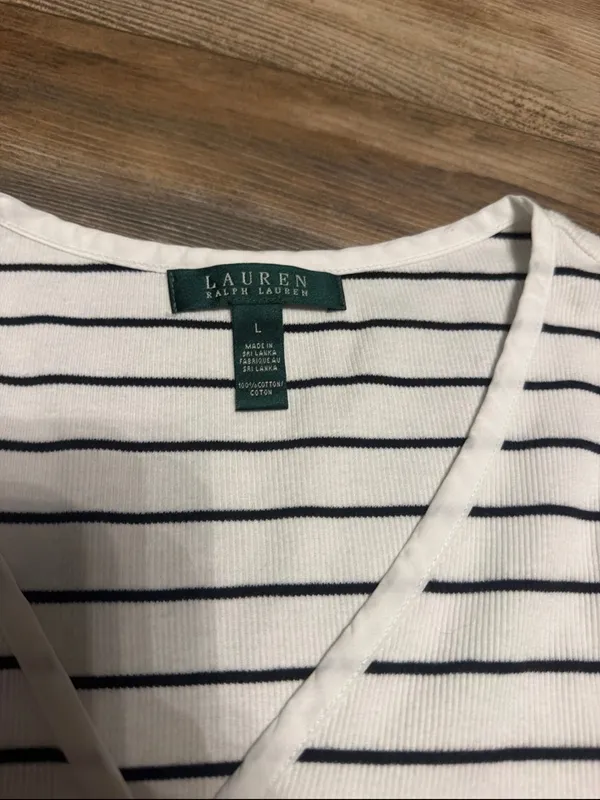 Lauren Ralph Lauren White and Navy Striped V-Neck Tee - Image 2