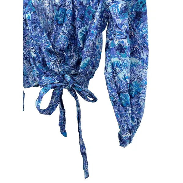 Free People Ruffle Cotton Wrap Top M Blue Floral Paisley Balloon Sleeve Festival - Image 2