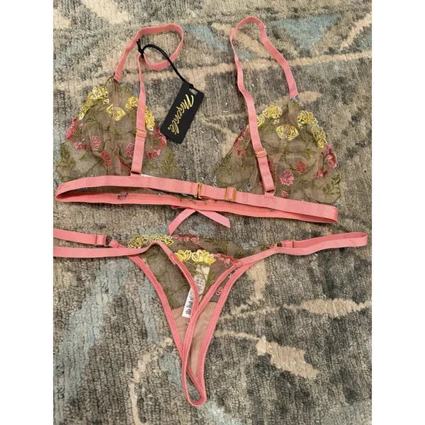 Mapale Pink Garden Two Piece Lingerie Set Embroidered Sz S NWT - Image 2